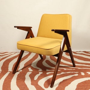Fotel Vintage Mid Century Design Salon Żółty Pluszowy Tkanina Skandynawski Drewniany Fotel, Lata 60. XX wieku