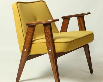 Fauteuil scandinave vintage jaune rembourré en tissu velours et en bois