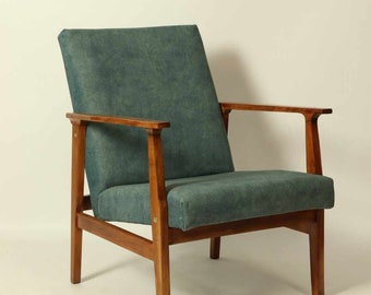 Origin Vintage Armchair in Soft Velvet Fabric Mid Century Modern Retro Style Melange Blue Upholstery