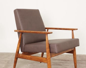 Scandinavian Lounge Chair Vege Leather Dark Taupe Classic Design Walnut Color Wood