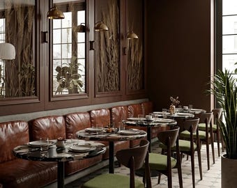 Esszimmerstühle für Restaurants, dunkles Buchenholz, weiche grüne Polsterung, modernes Design, Personalisierung