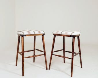 Rustic Beech Bar Stools – Striped Jacquard Upholstery, Elegant Kitchen Island Seating