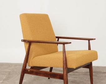 Fauteuil vintage bouclé jaune curcuma, design Mid-Century, 1960