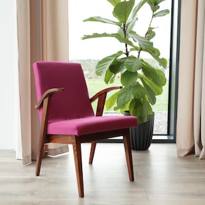 Vintage wool fuchsia armchair full refurbished designed by Puchała, 1960, Poland