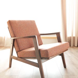 Vintage Wooden Armchair Tweed Upholstery Cushions Mid Century Design