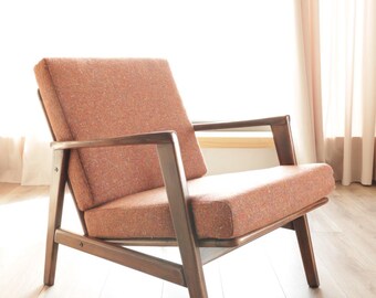 Vintage Wooden Armchair Tweed Upholstery Cushions Mid Century Design
