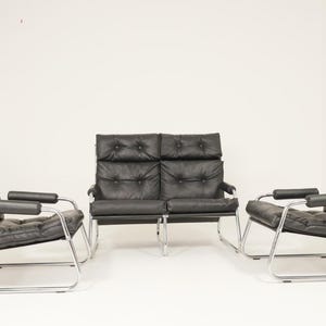 Bauhaus 2+2 leather and chrome sofa set. 1974 Gillis Lundgren for Ikea, Original Condition