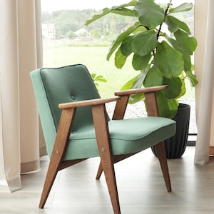 Vintage Lounge Chair Wool Seagrass,  Oak Wood Scandinavian Design, Refurbished, 1960