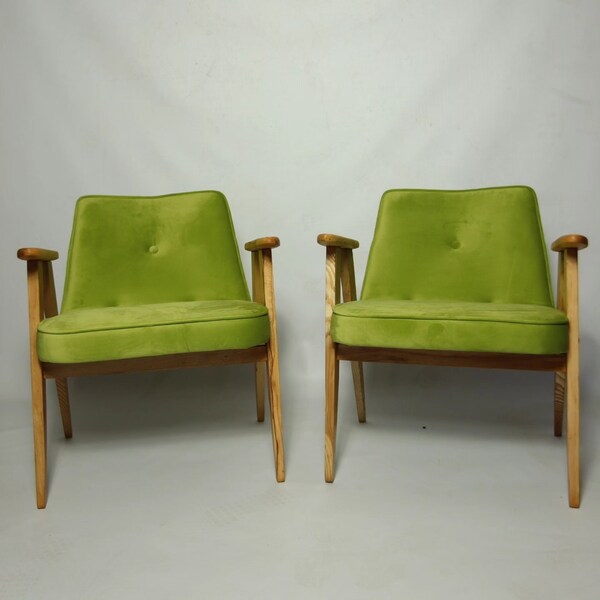 Original Vintage Pair Lounge Chairs Mid Century Upholstered Renovated Green Velvet Oak Wooden Armchairs Oil Natural Wood Sessel Poltrona