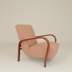 Art deco Karel Koželka & Antonín Kropácek Sessel 50er Jahre, Pfirsich Tweed Polster Tschechoslovakien Vintage Lounge Chair