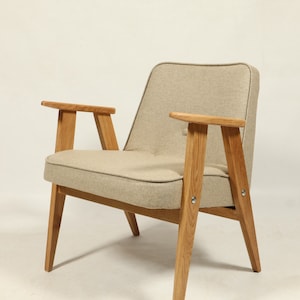 Mid Century Armchair Beige Wool Upholstery Oak Wood Vintage Style Lounge Chair After Renovation