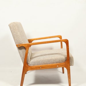 Mid Century Armchair beige upholstery wooden lounge chair scandinavian design