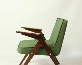 Poltrona vintage anni '60: tessuto verde palma in stile Mid-Century Modern, legno di faggio