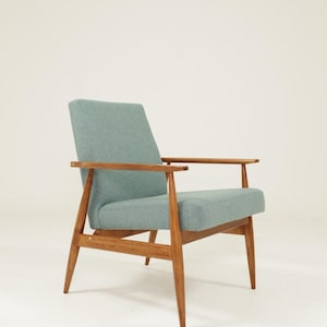 Retro lounge chair Mid-Century Design Blue Aquarelle Farbic Wooden Armchair, 1960, Poland