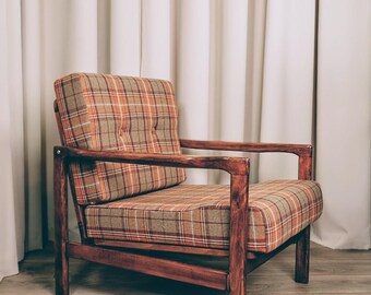Vintage Armchair Refurbished Tartan Wool Upholstery, Wooden Lounge Chair, 1960s Poland