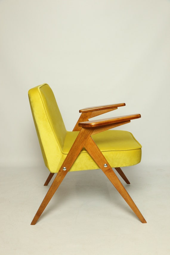 Mid Century Yellow Scandinavian Vintage Armchair Wood Design Retro Chair, 1960