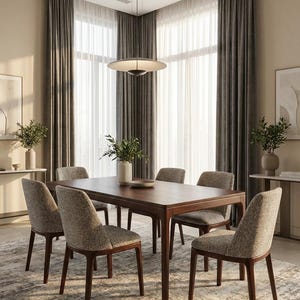 Può includere: Una sala da pranzo moderna con un tavolo rettangolare in legno e sei sedie imbottite. Le sedie hanno un tessuto maculato e gambe in legno scuro. Un grande tappeto e tende trasparenti completano lo spazio. Un moderno apparecchio di illuminazione è appeso sopra.