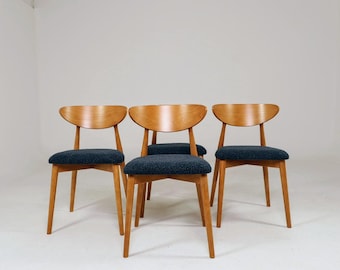 Modernes Set mit 4 Esszimmerstühlen, Blue Marine Bouclè und Amber Color Buchenholz