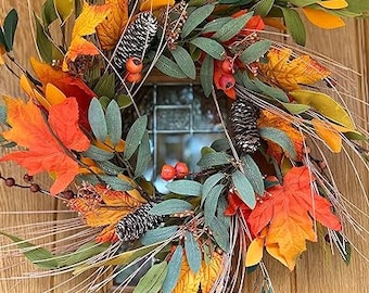 Autumn Artificial Decorative Door Wreath with Maple Leaf, Berries & Pinecones - Harvest Style Door Garland - Autumnal Porch Décor