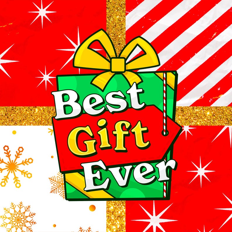 May include: A green and red gift box with a yellow bow and the text "Best Gift Ever" on it. The box is surrounded by a red and white striped background with gold glitter.