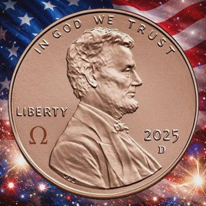 May include: A copper-colored coin featuring Abraham Lincoln's profile, the words "IN GOD WE TRUST" and "LIBERTY". The year "2025" is visible. The background includes an American flag and fireworks.