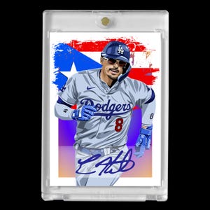 Enrique Kike Hernández 2024 #8 Los Angeles Dodgers Puertoricanische Flagge Boricua Faksimile Autogramm Minze Karte!