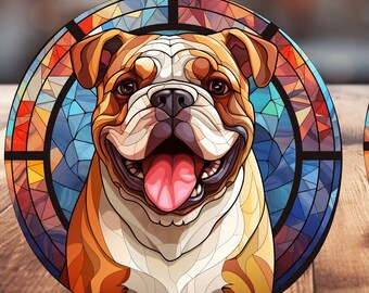 Bulldog Stained Glass Ceramic Car Coasters - Auto Decor, Set of 2