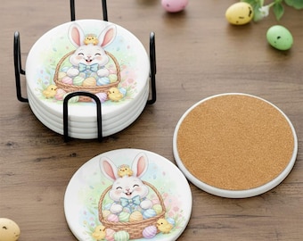 Easter Bunny Ceramic Coasters | Spring Holiday Drinkware Set (Round/Square)