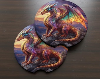Dragon Ceramic Car Coasters Set, Fantasy Art Cup Holder Accessory