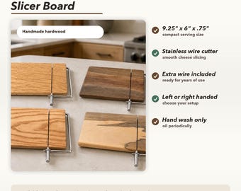 Handmade Wood Cheese Slicer Board, Hardwood Charcuterie Board with Stainless Steel Wire Cutter, Housewarming Wedding Gift