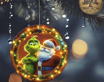 Grinch and Santa Ceramic Christmas Ornament