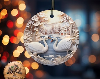 Swan Lake Ceramic Christmas Ornament: 3D Holiday Decor (2-Pack)