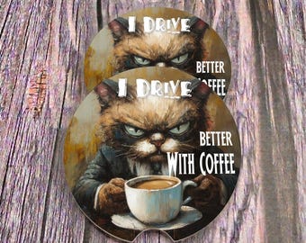 Funny Cat Car Coasters – Sarcastic Coffee Lover Gift Set