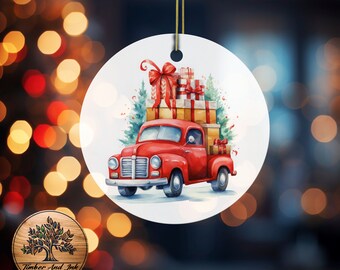 Vintage Red Truck Christmas Ornament - Rustic Ceramic Tree Decoration, Holiday Keepsake