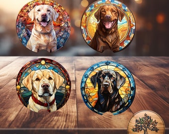 Labrador Retriever Dog Stained Glass Ceramic Car Coasters - Set of 2