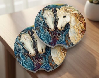 Ceramic Horse Car Coasters, Equestrian Cup Holder Set, Wild Horses Design