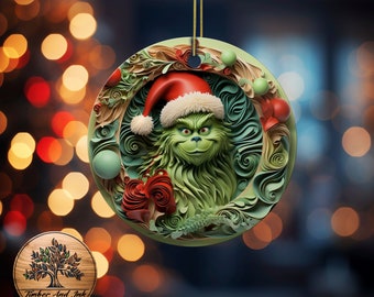 The Grinch Christmas Tree Ornament, Merry Christmas Ornament, Round Ceramic Christmas Decoration, Ceramic Christmas Tree Ornament