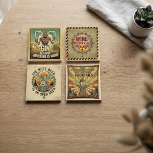 Fallout TV Show Inspired Ceramic Coasters (Set of 4) | Vault-Tec & Nuka Style Drink Sayings | Funny Bar Coasters | Gamer Gift