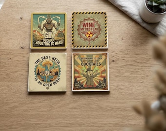 Fallout TV Show Inspired Ceramic Coasters (Set of 4) | Vault-Tec & Nuka Style Drink Sayings | Funny Bar Coasters | Gamer Gift