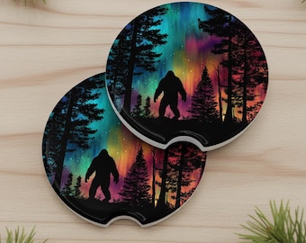 Bigfoot Ceramic Car Coasters | Sasquatch Forest Cup Holder Inserts | Cryptid Gift