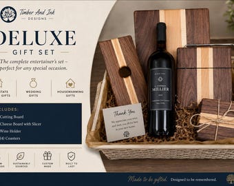 Personalized Hardwood Gift Set | Realtor Closing Gift | Cutting Board Gift Basket | Wedding / Housewarming Gift | Cheese Board, Wine Holder