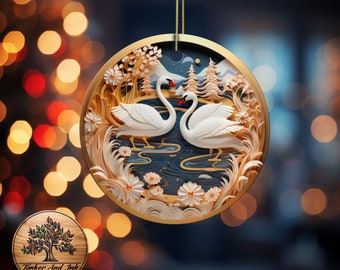 3D Ceramic Swan Lake Christmas Ornament, Gold Trim