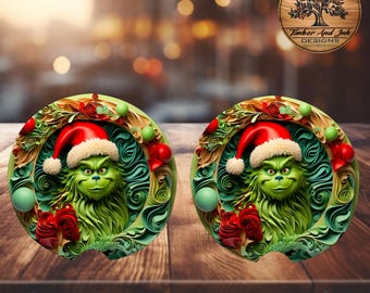 Grinch Car Coasters - Festive Ceramic Holiday Decor