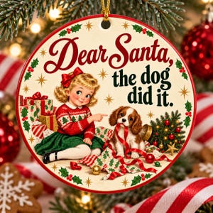 Querido Papá Noel, el perro lo hizo. Adorno navideño vintage y divertido. Regalo retro de cerámica para amantes de los perros.