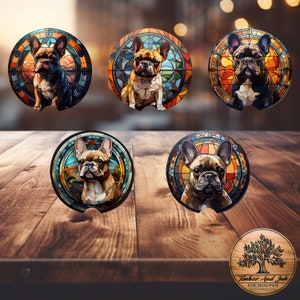 May include: Set of five round, colorful, stained glass-style coasters featuring a French Bulldog in each design. The coasters are made of a durable material and are perfect for protecting your furniture from heat and spills.