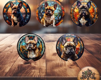 French Bulldog Car Coasters - Ceramic Cup Holder Inserts, Stained Glass Style Set of 2