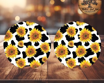 Sunflower Cow Print Ceramic Car Coasters – Auto Decor, Set of 2