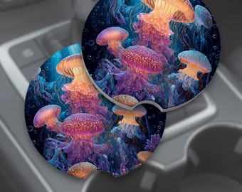 Oceanic Coastal Ceramic Car Coaster, Absorbent Functional Car Accessories, Vibrant Round Car Gift