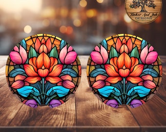 Floral Stained Glass Style Ceramic Car Coasters - Set of 2
