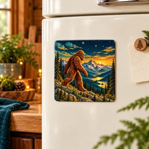May include: A square refrigerator magnet featuring a colorful illustration of a brown, furry Bigfoot walking through a pine forest. The background displays snow-capped mountains, a winding river, and a sunset sky filled with bright stars.